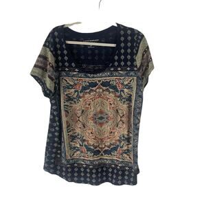 Lucky Brand Women's Plus Size 1X Bohemian Blue Soft Modal Short Sleeve Top